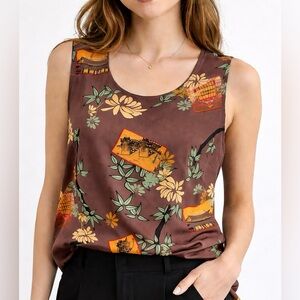 Vintage JPR 100% Silk Tank Top Asian Inspired Print Brown Sleeveless Size M NWT